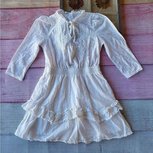 Heartloom White Kelsa Ruffle Embroidered Tie Neck Flared Cotton Mini Dre…